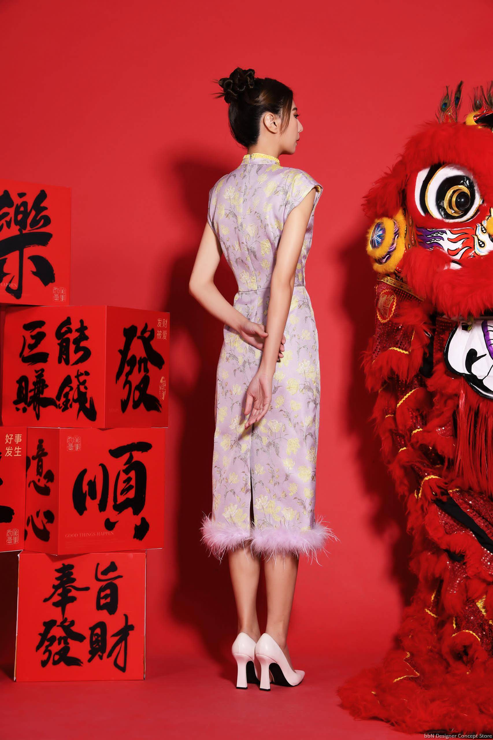 Feather Trim Qipao MK Glamour at bbN Designer Concept Store